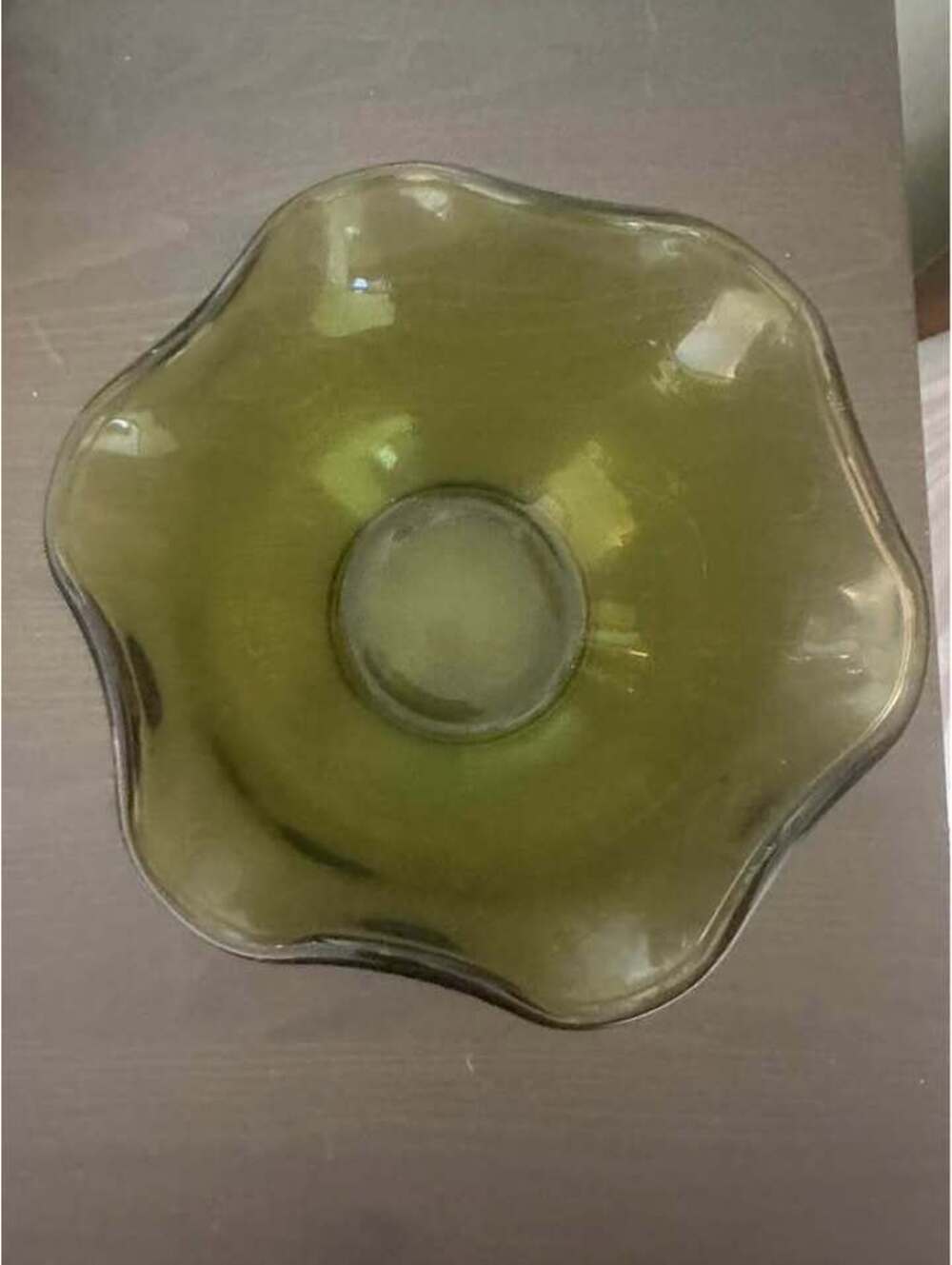 Vintage Olive Green Ruffled Glass Bowl